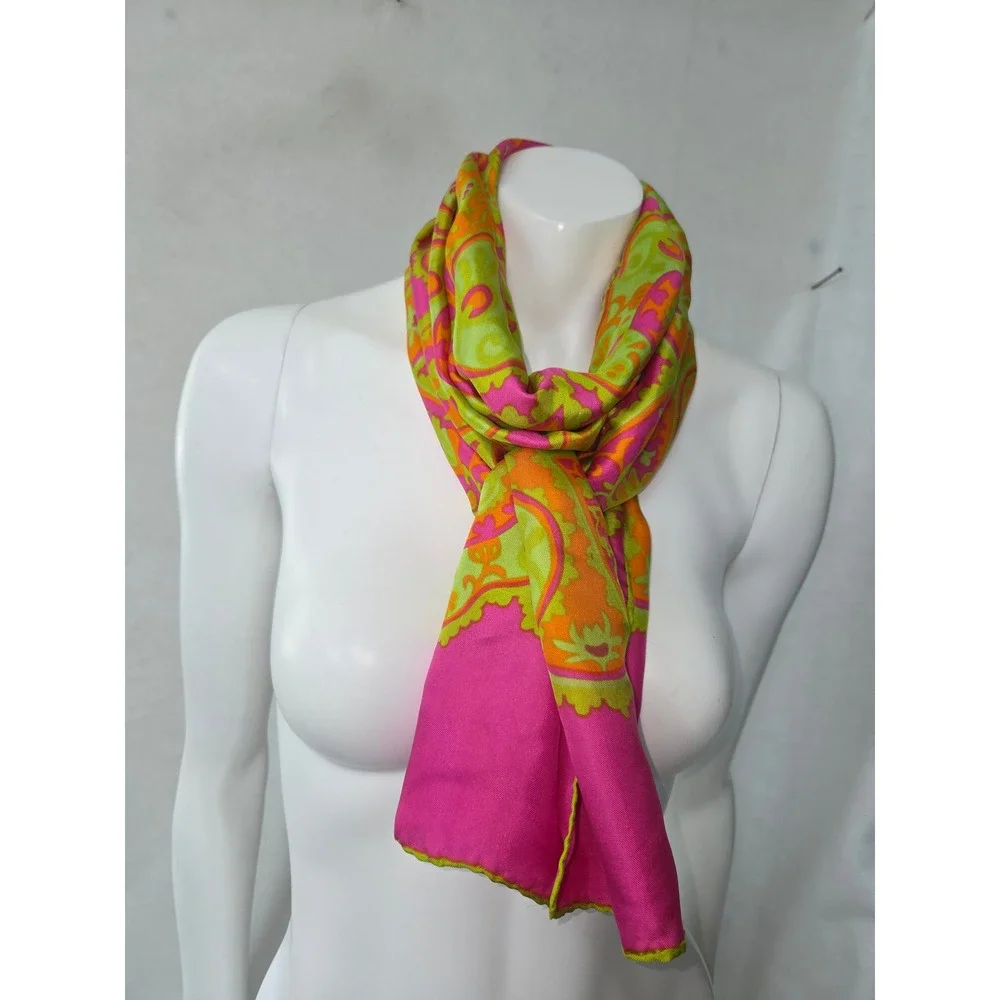 Burmel Vintage Silk Scarf Hot Pink Lime Green Psychedelic Paisley Oblong 60x14.5
